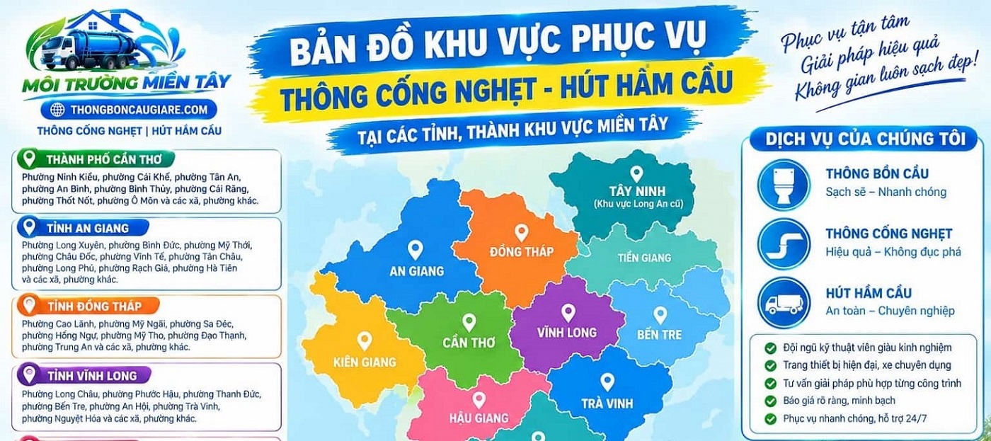 Bản đồ khu vực phục vụ Thông Cống Nghẹt - Hút Hầm cầu tại các tỉnh, thành khu vực Miền Tây