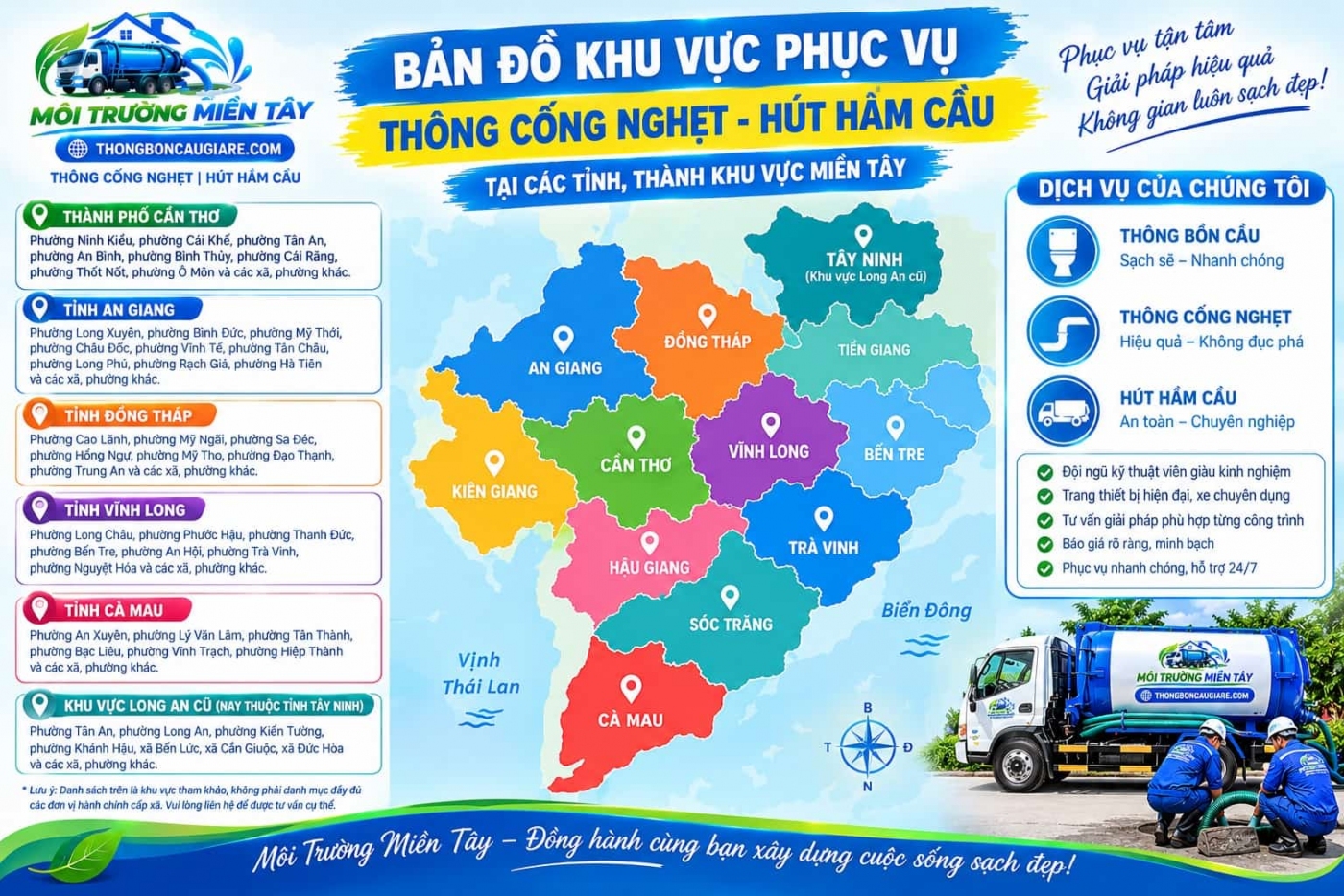 Bản đồ khu vực phục vụ Thông Cống Nghẹt Hút Hầm cầu tại các tỉnh, thành khu vực Miền Tây