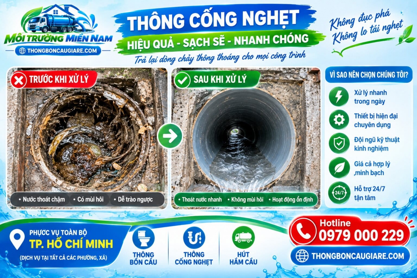 Hình ảnh trước và sau khi xử lý cống nghẹt